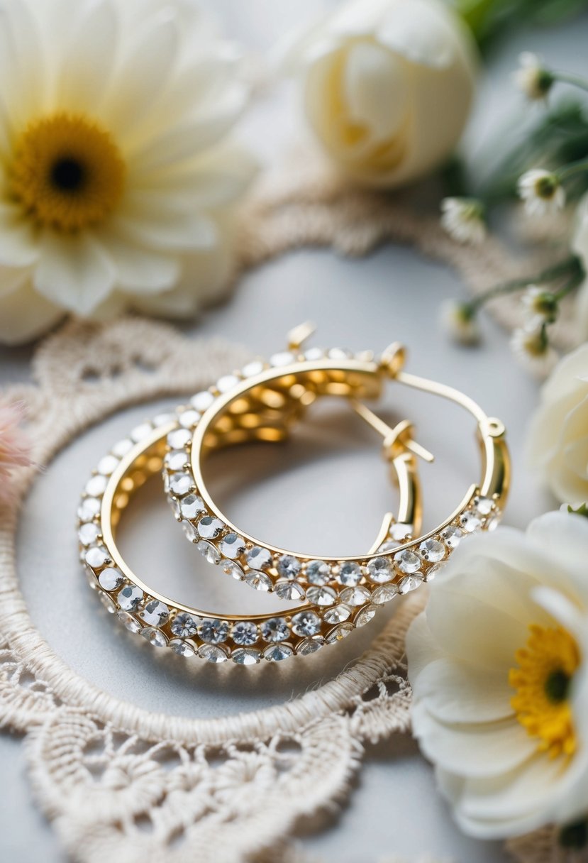 A pair of Swarovski crystal hoops gleam under soft light, surrounded by delicate lace and flowers, evoking a sense of romance and elegance