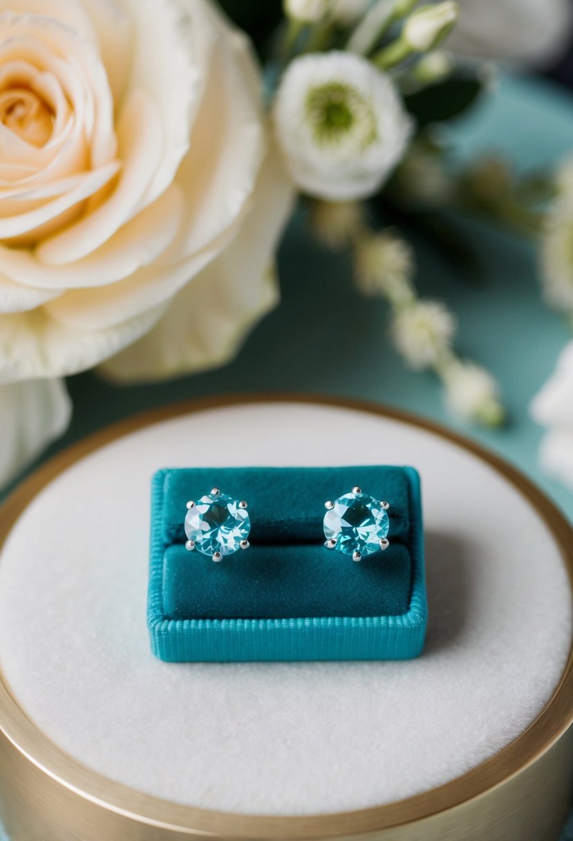 Two aquamarine solitaire earrings on a velvet display, surrounded by delicate floral arrangements and soft lighting