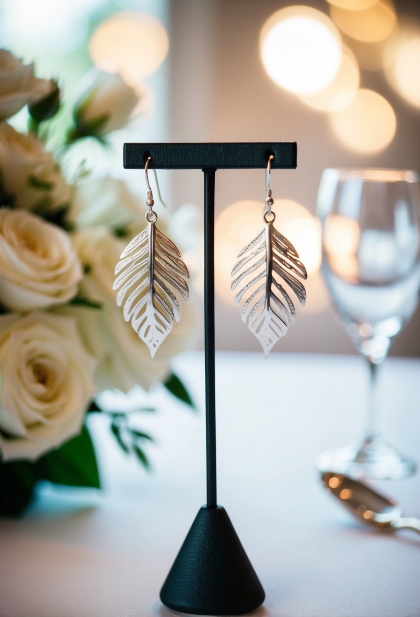 A pair of delicate silver leaf-shaped earrings dangle from a jewelry stand, catching the soft light of a romantic wedding setting