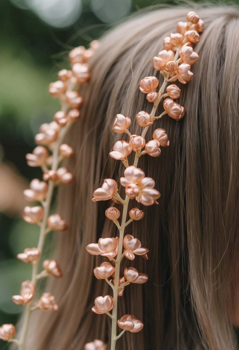 Delicate rose gold climbers nestled among short hair, evoking wedding elegance