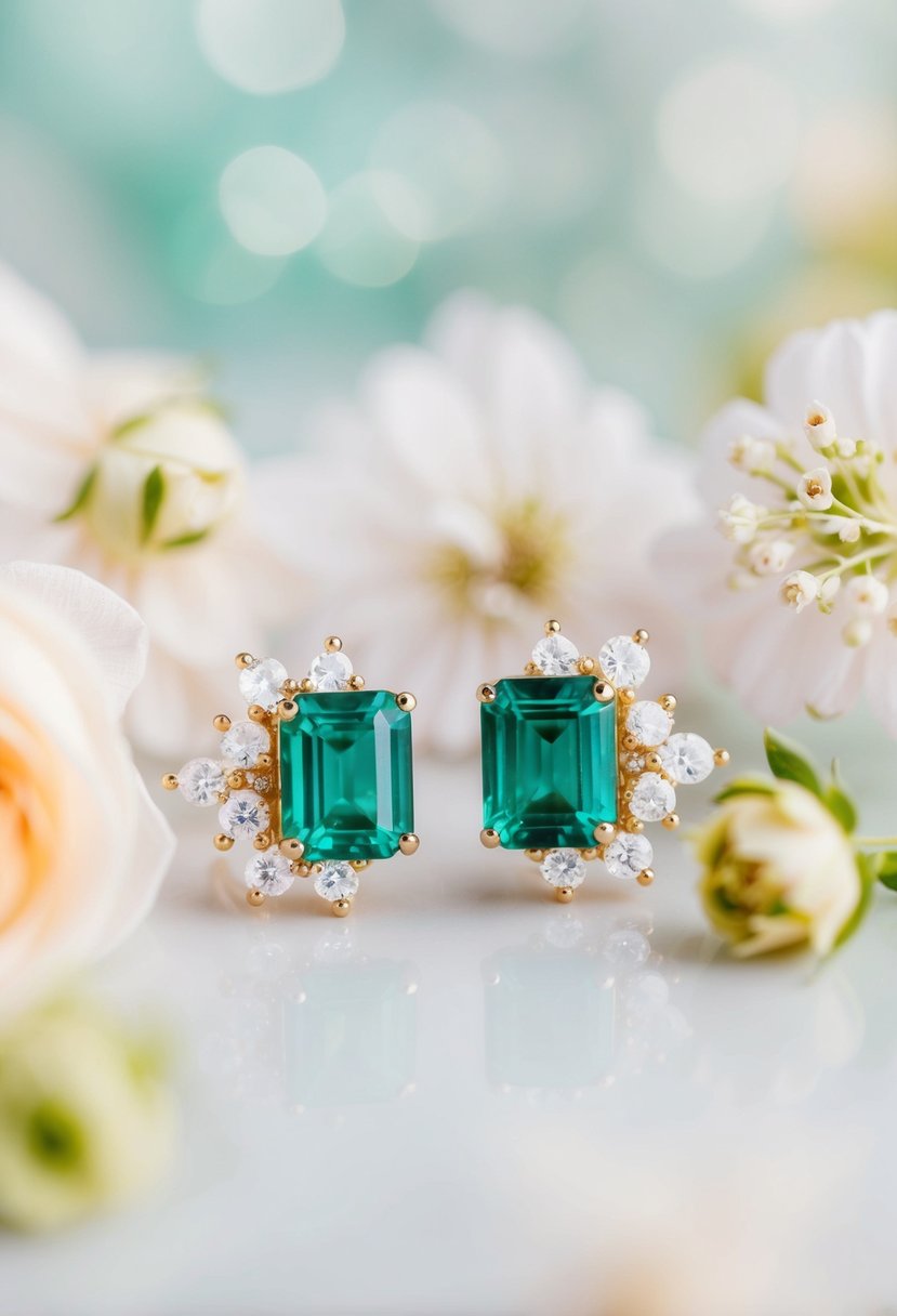 A sparkling pair of emerald-cut earrings surrounded by delicate floral accents, set against a soft, dreamy background