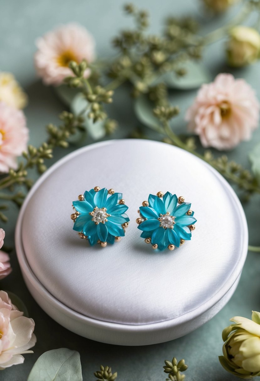 A pair of aquamarine floral earrings displayed on a white satin cushion, surrounded by delicate greenery and soft pastel flowers