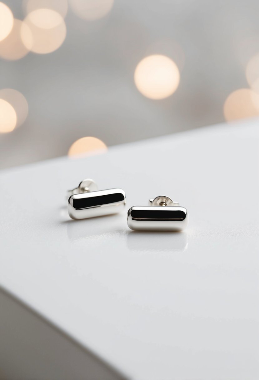 Two silver bar earrings on a white minimalist background