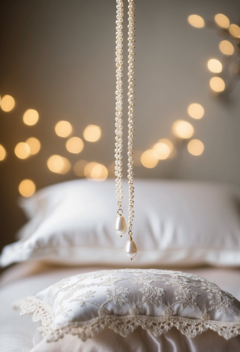 Two delicate pearl threaders hover above a lace-trimmed satin pillow. A soft, romantic glow illuminates the scene