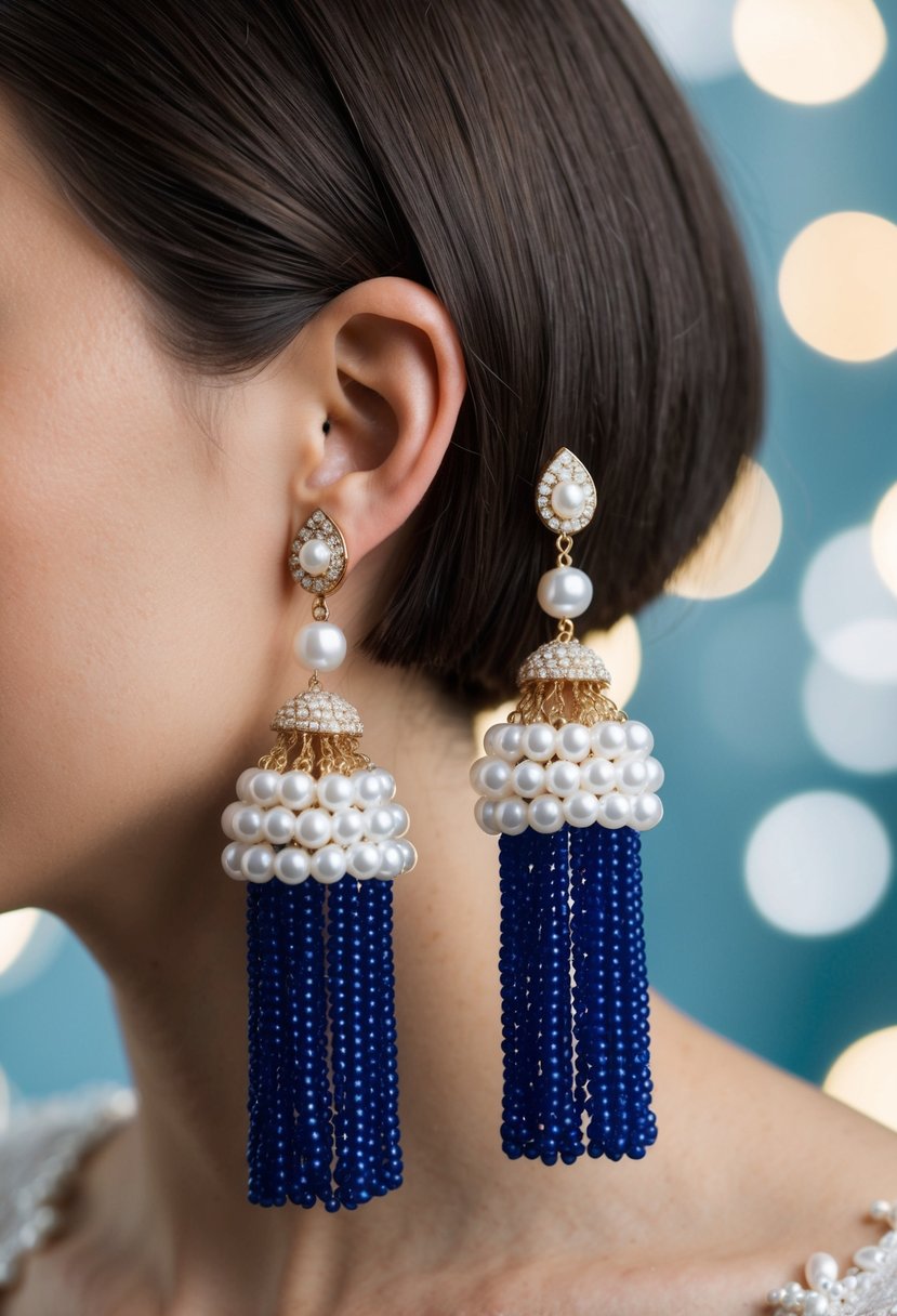 A pair of statement tassel earrings adorned with pearls, set against a backdrop of short hair, evoking wedding elegance