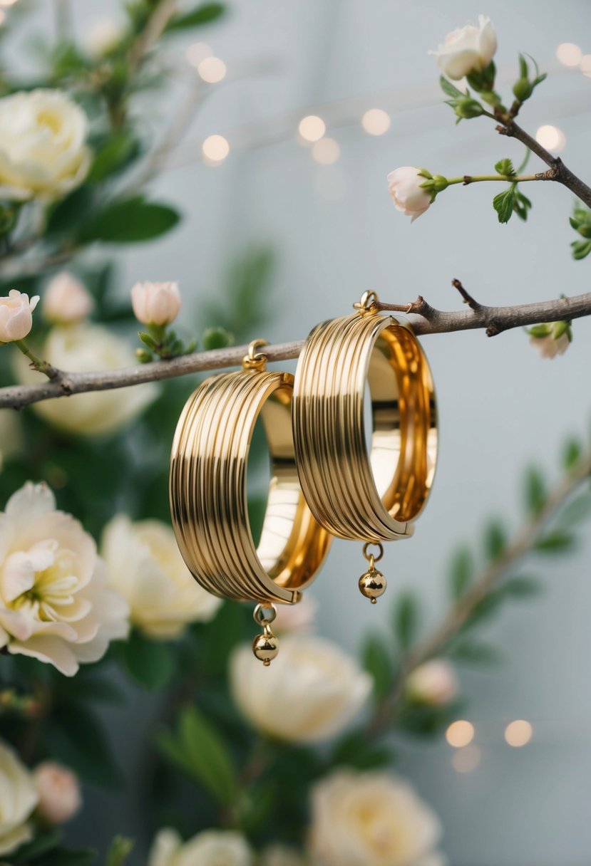 Gold plated cuffs dangle from a delicate branch, surrounded by soft floral accents