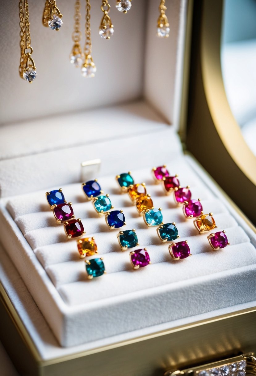 A cluster of colorful gemstone studs arranged on a white velvet display, catching the light in a bridal jewelry showcase