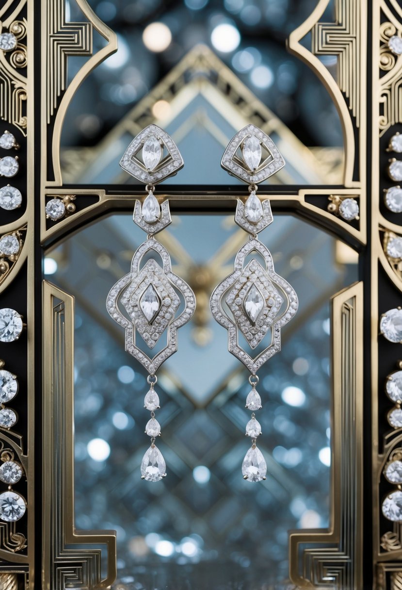 A luxurious Art Deco-inspired wedding earring design featuring sparkling diamond drops against a backdrop of intricate geometric patterns and opulent details