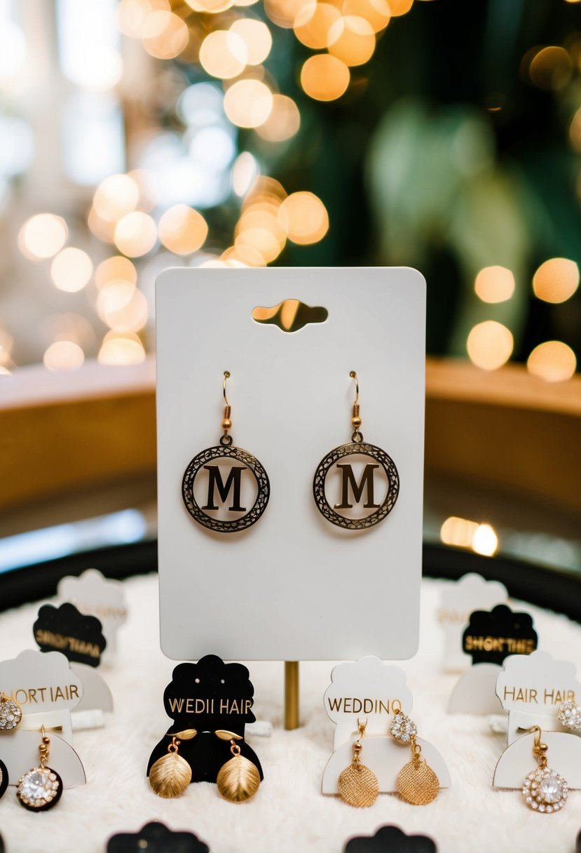 A pair of custom initial earrings hang from a display, surrounded by various short hair wedding earring designs