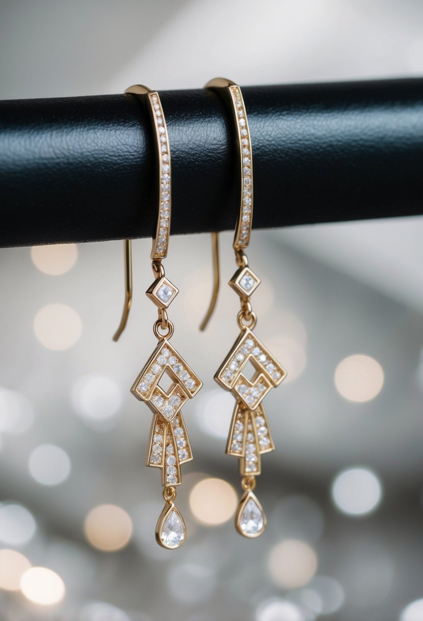 A pair of Art Deco style drop earrings dangle against a backdrop of short, sleek hair. The earrings feature geometric shapes and sparkling gemstones, perfect for a modern wedding look