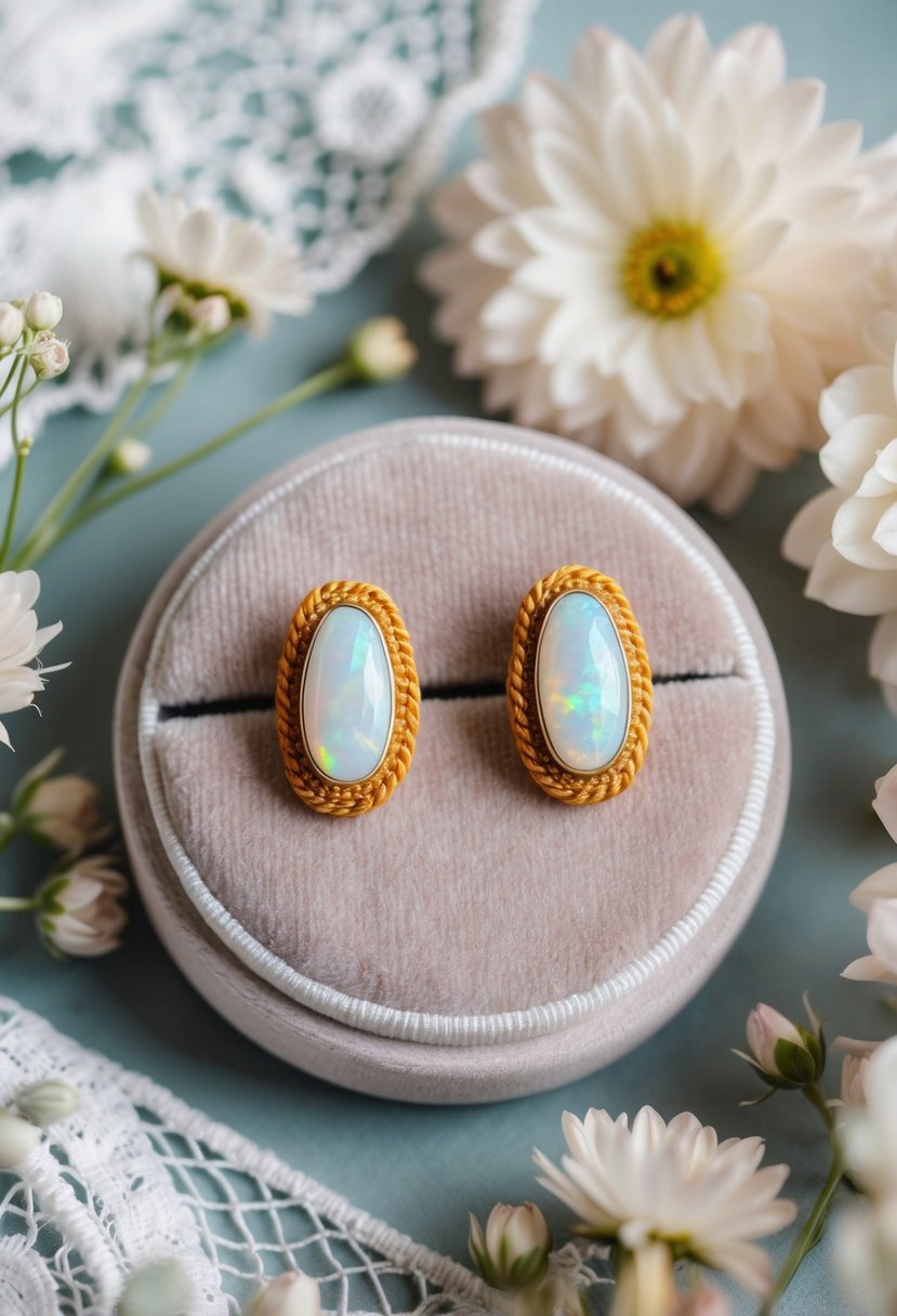 A pair of opal soutache earrings displayed on a soft, pastel-colored velvet cushion, surrounded by delicate flowers and lace