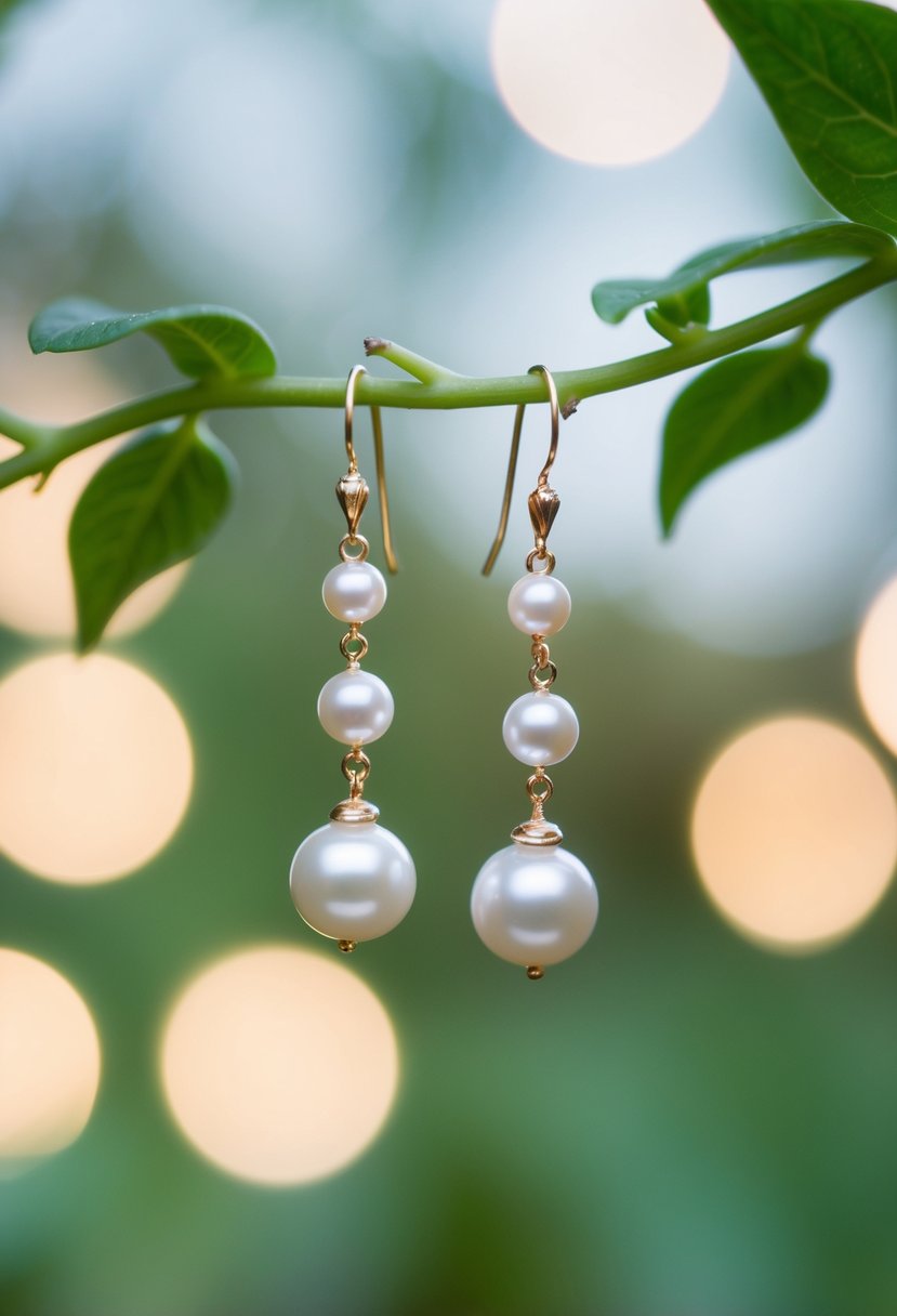 A pair of elegant pearl-studded earrings dangle from a delicate vine, surrounded by soft, romantic lighting