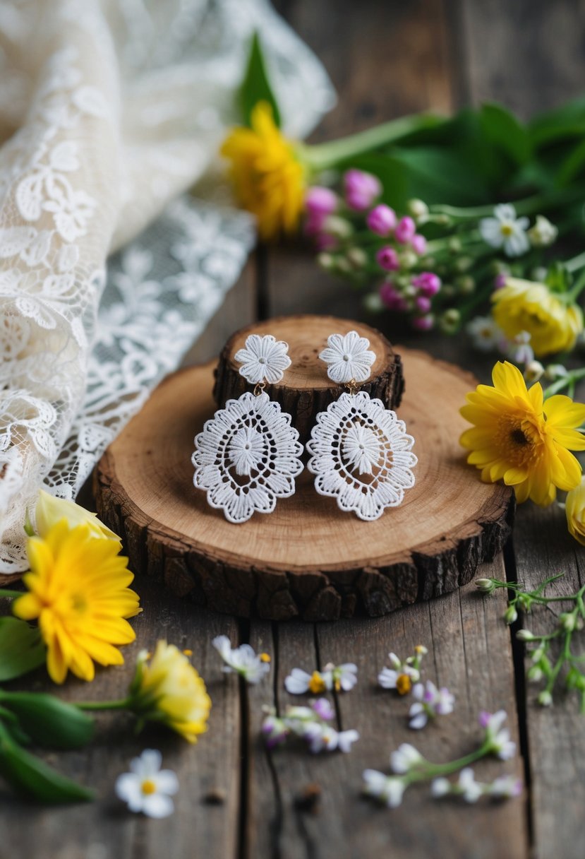 Delicate lace-patterned earrings displayed on a rustic wooden table, surrounded by fresh flowers and dainty lace fabric