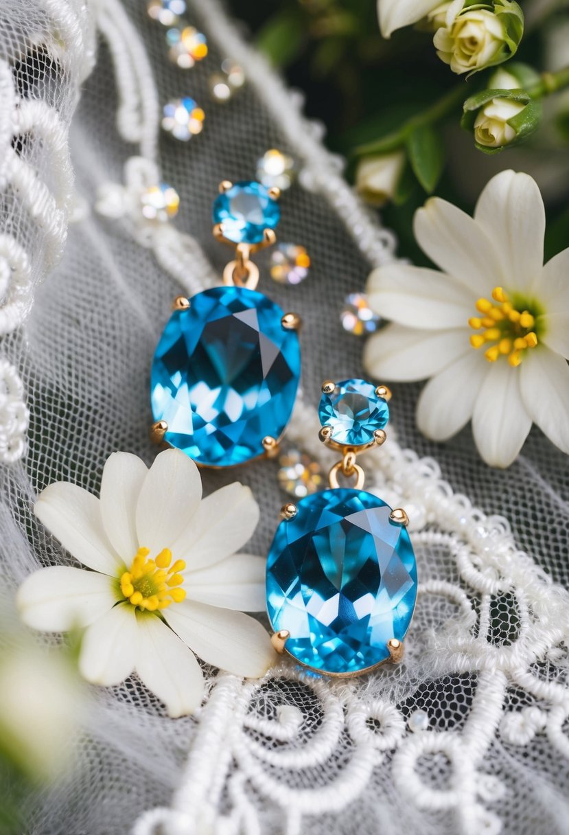 Two blue topaz dangle earrings, surrounded by delicate flowers and sparkling crystals, on a lace-lined wedding veil