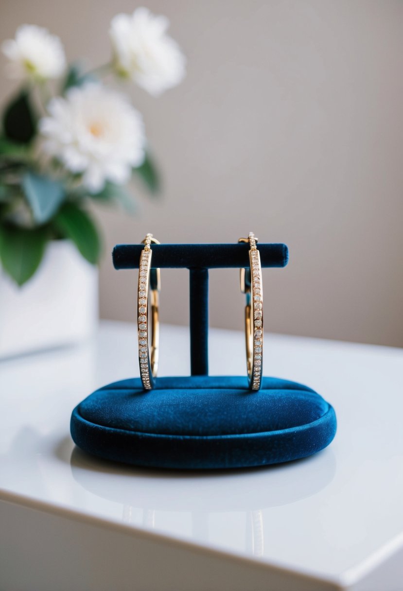 A pair of elegant hoop earrings with small diamonds, displayed on a velvet cushion