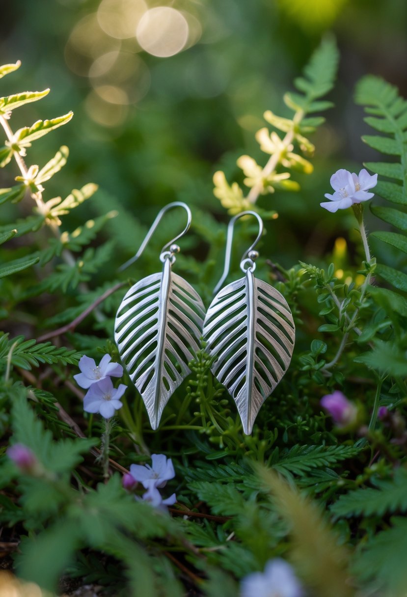 A pair of leaf-shaped earrings nestled among delicate ferns and wildflowers, with dappled sunlight filtering through the foliage