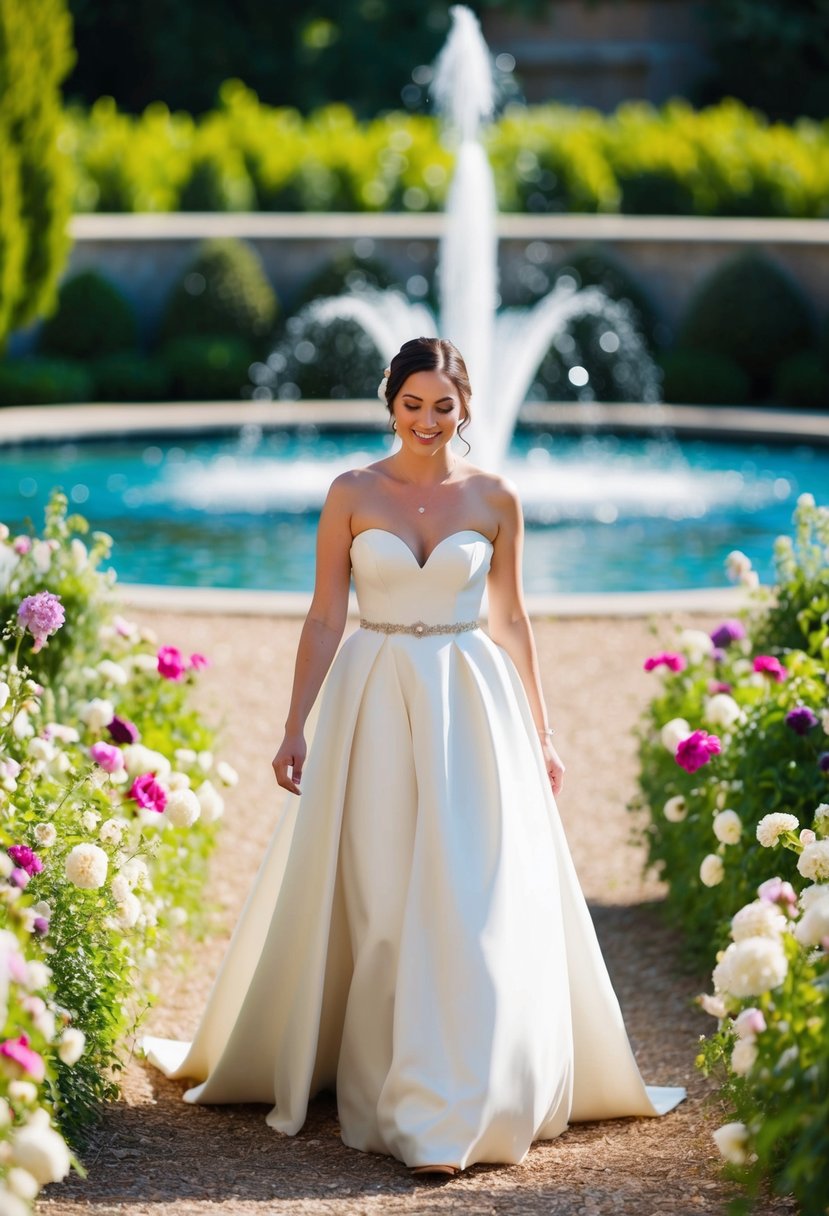 A bride in a drop waist wedding dress walks through a garden with cascading flowers and a flowing fountain in the background