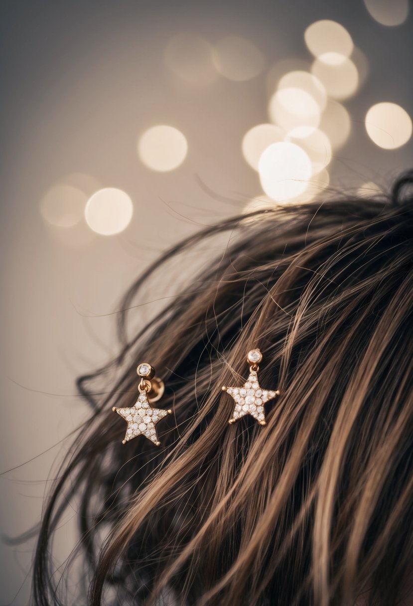 A pair of delicate star-shaped earrings set against a backdrop of short, tousled hair, evoking a sense of elegance and sophistication