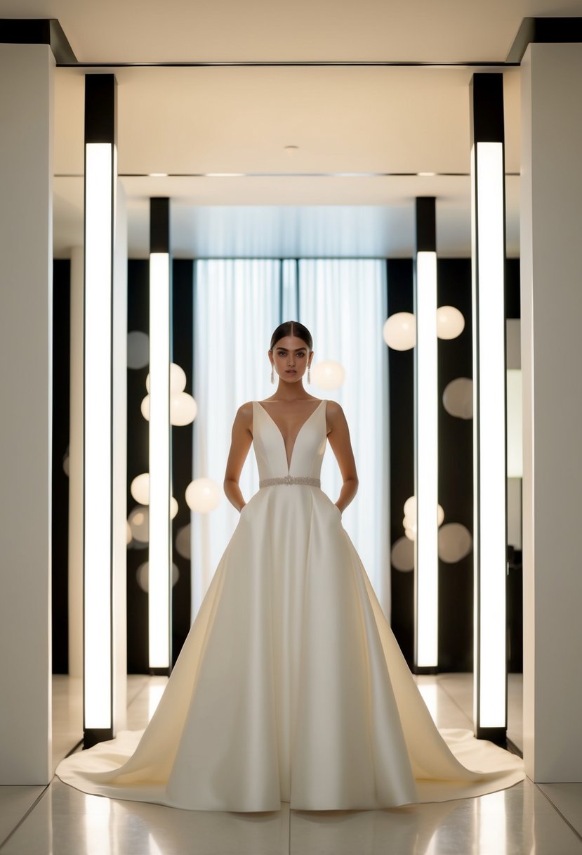 A bride in a modern drop waist wedding dress, surrounded by sleek, minimalist decor and soft, romantic lighting