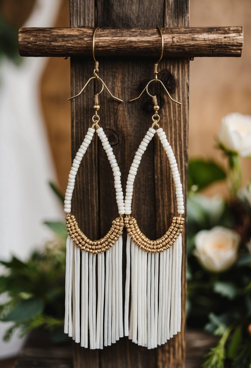 A pair of boho beaded fringe earrings hanging on a rustic wooden display, with short hair wedding inspiration in the background