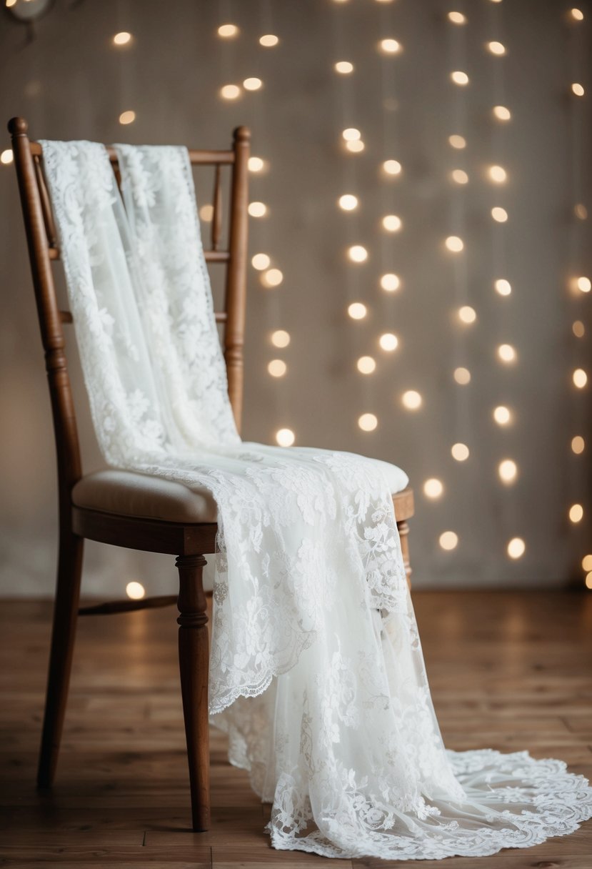 A delicate lace drop waist wedding dress draped over a vintage wooden chair