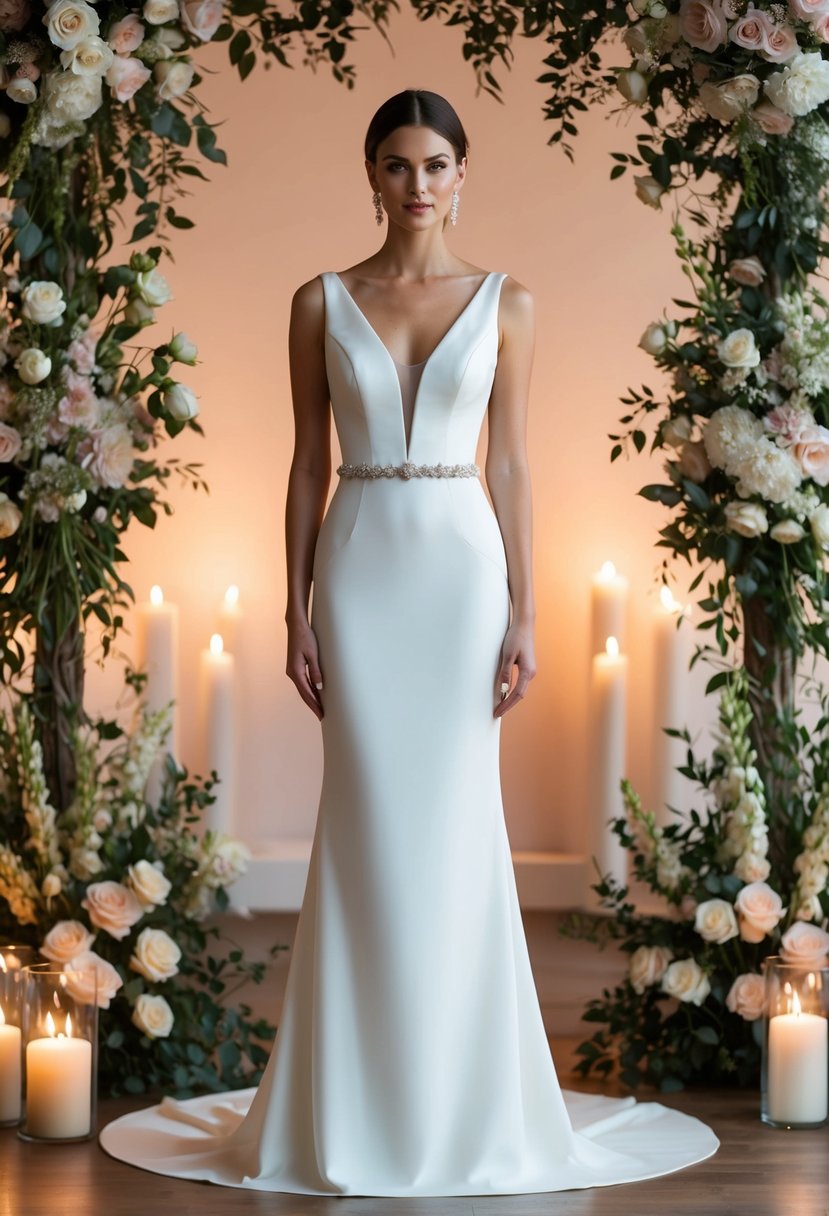 A bride stands in a sleek drop waist sheath wedding dress, surrounded by elegant floral arrangements and soft candlelight