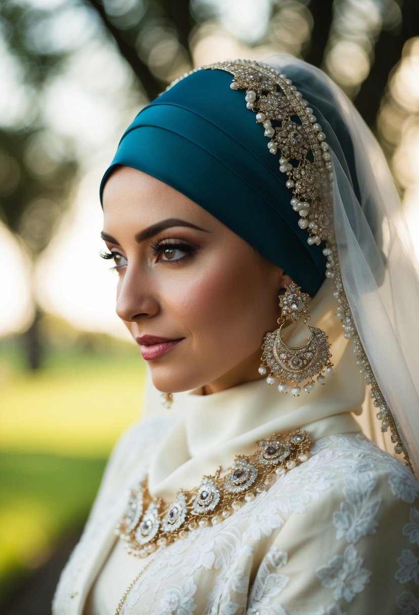 A bride's elegant hijab adorned with intricate wedding earrings