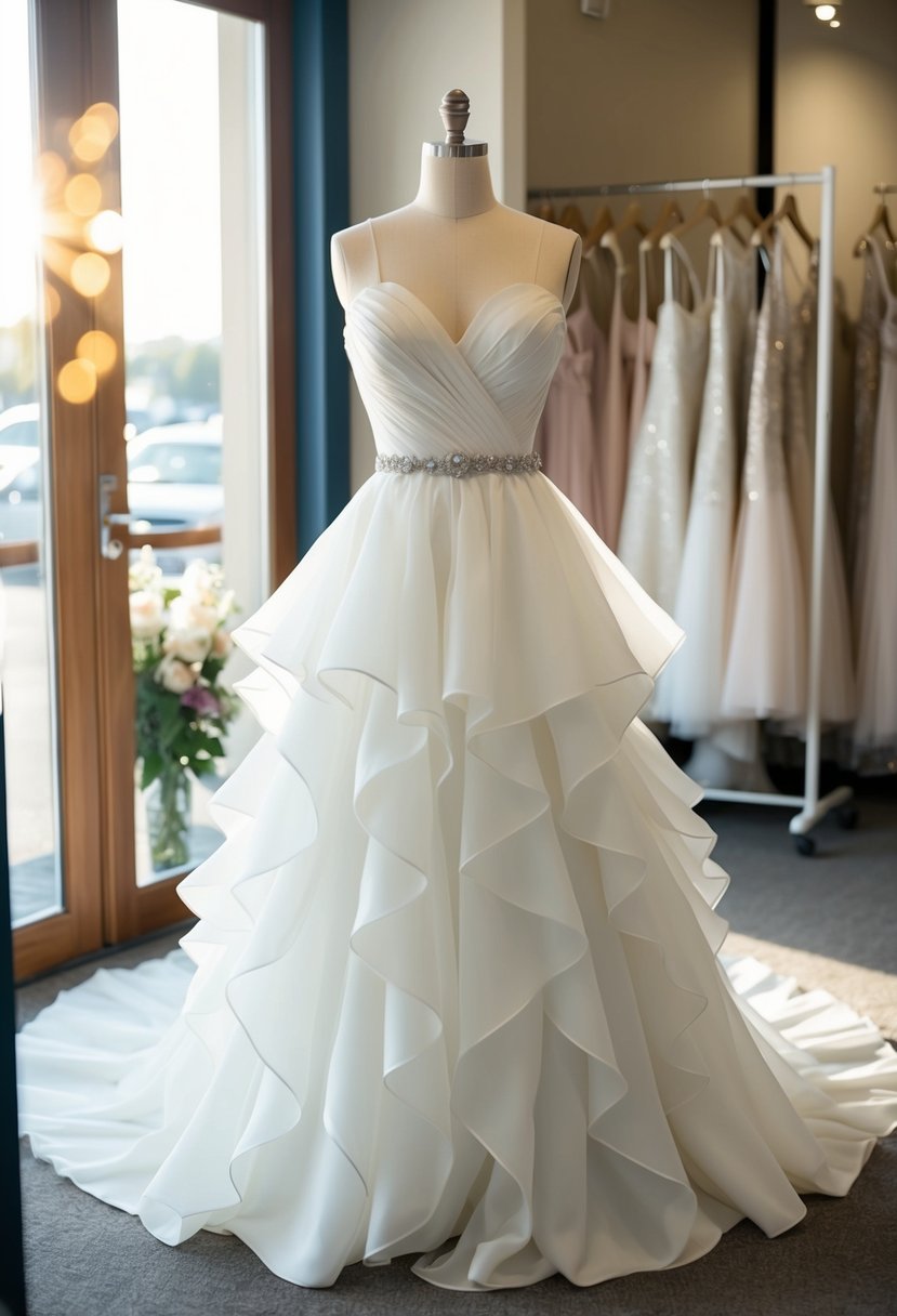 A drop-waist ruffled wedding dress displayed on a mannequin in a sunlit bridal boutique