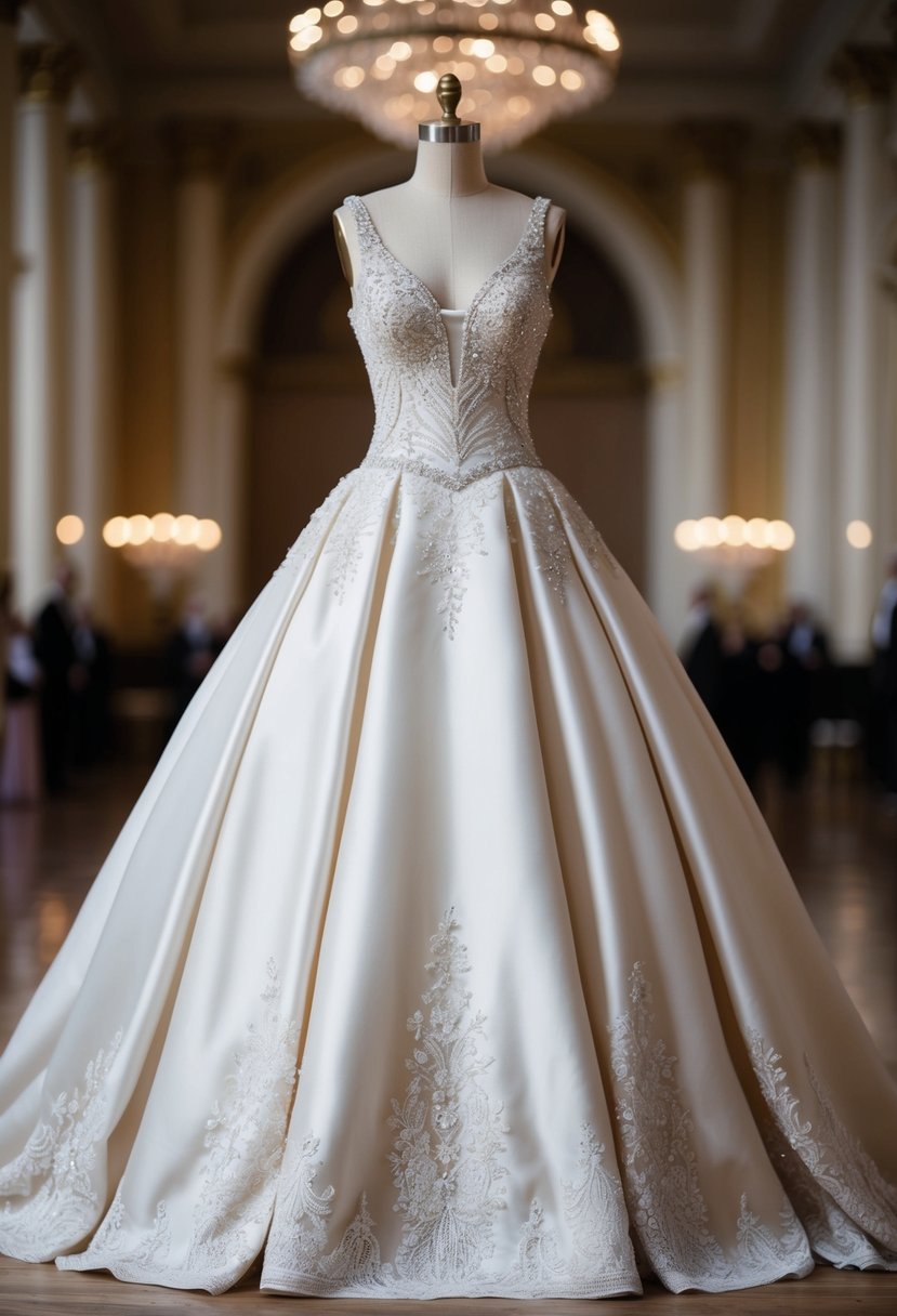 A drop waist ball gown with a full skirt cascading down to the floor, adorned with intricate lace and beading, set against a backdrop of a grand ballroom