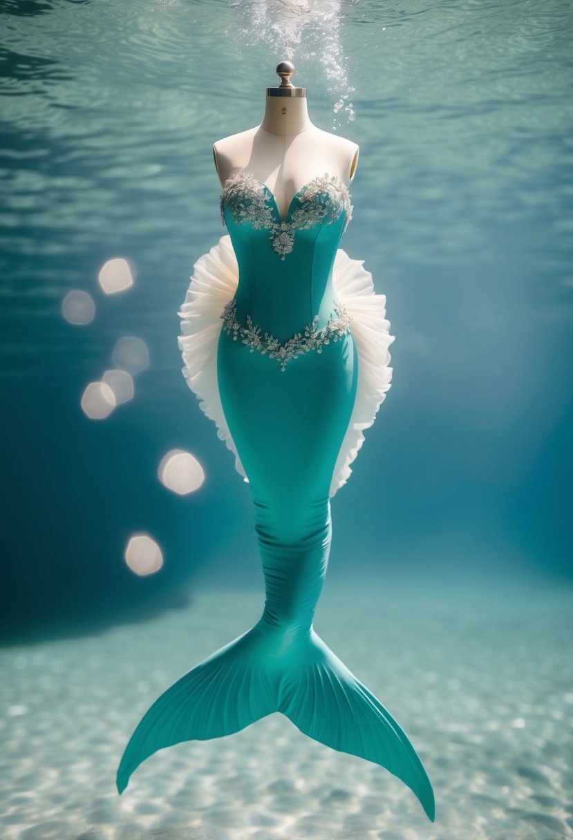 A mermaid silhouette wedding dress floats underwater, adorned with delicate wonder drop waist details