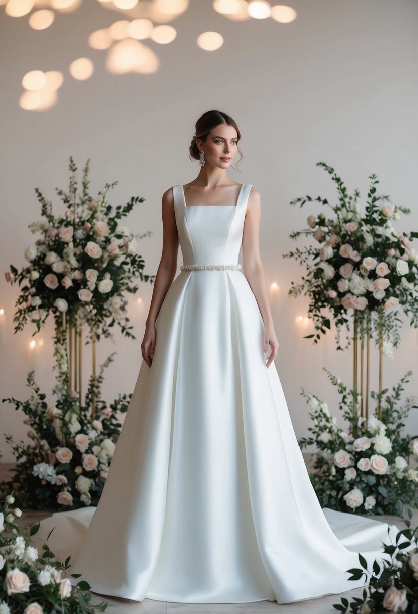 A bride standing in a drop waist wedding dress with a square neckline, surrounded by elegant floral arrangements and soft lighting