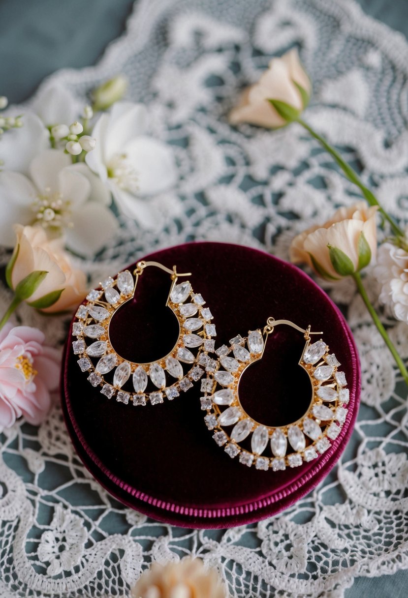 A pair of elegant, oversized earrings displayed on a velvet cushion, surrounded by delicate lace and floral accents