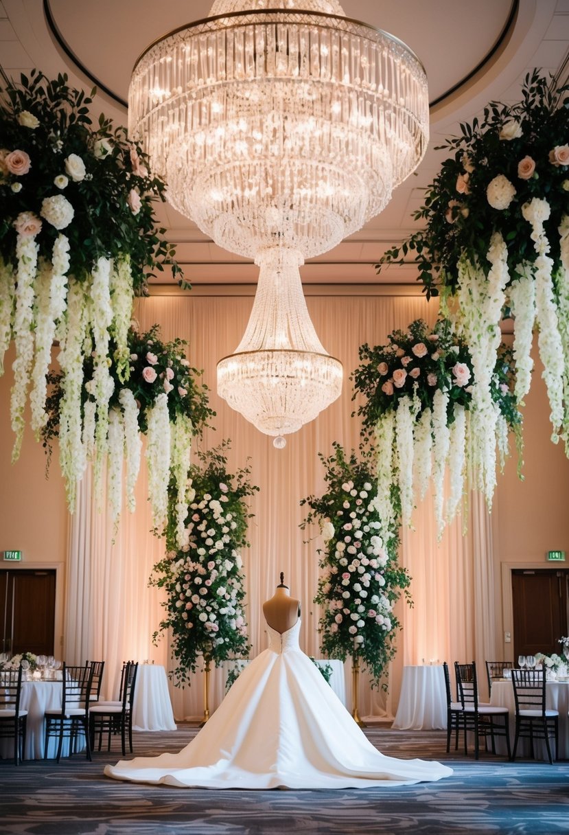 A grand ballroom with crystal chandeliers, cascading floral arrangements, and a regal drop waist wedding dress at the center of the room