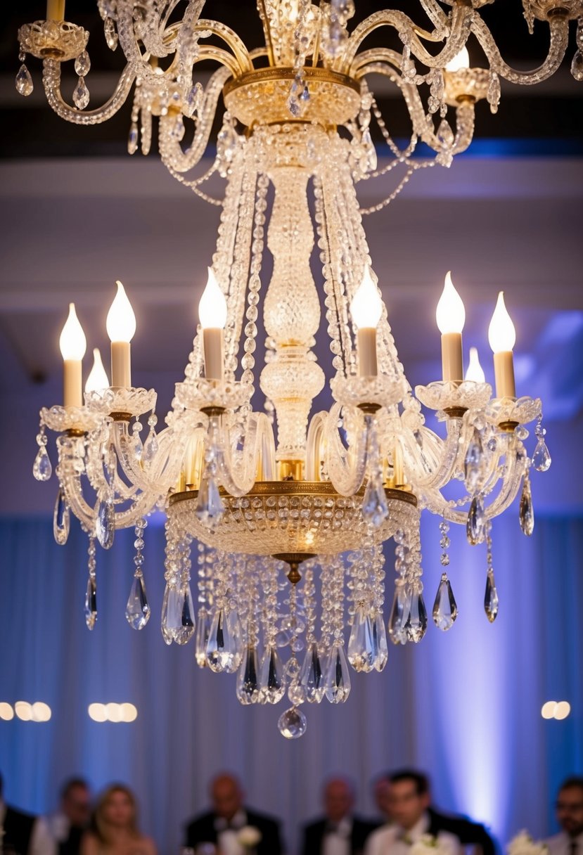 A grand vintage crystal chandelier hangs above a table adorned with sparkling wedding earrings