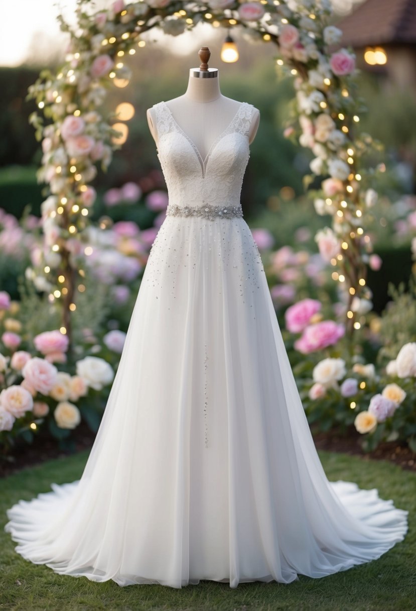 A drop waist wedding dress adorned with delicate lace and shimmering beads, surrounded by a whimsical garden of pastel-hued flowers and twinkling fairy lights