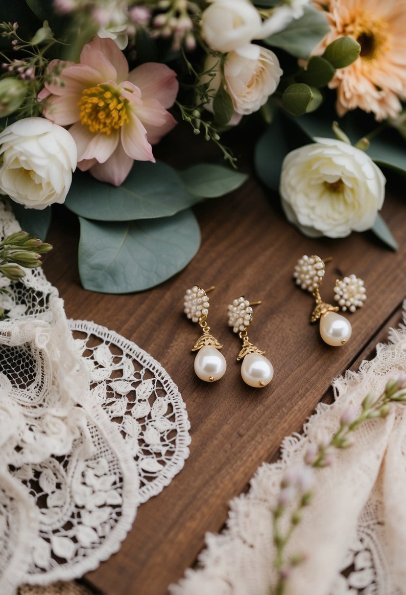 A rustic wooden table adorned with bohemian pearl drop earrings, surrounded by delicate floral arrangements and vintage lace fabric