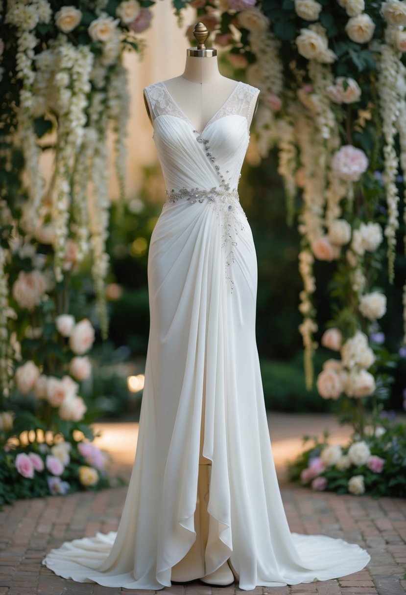 A flowing crepe gown with a drop waist, adorned with delicate lace and intricate beading, set against a backdrop of a romantic garden with cascading flowers