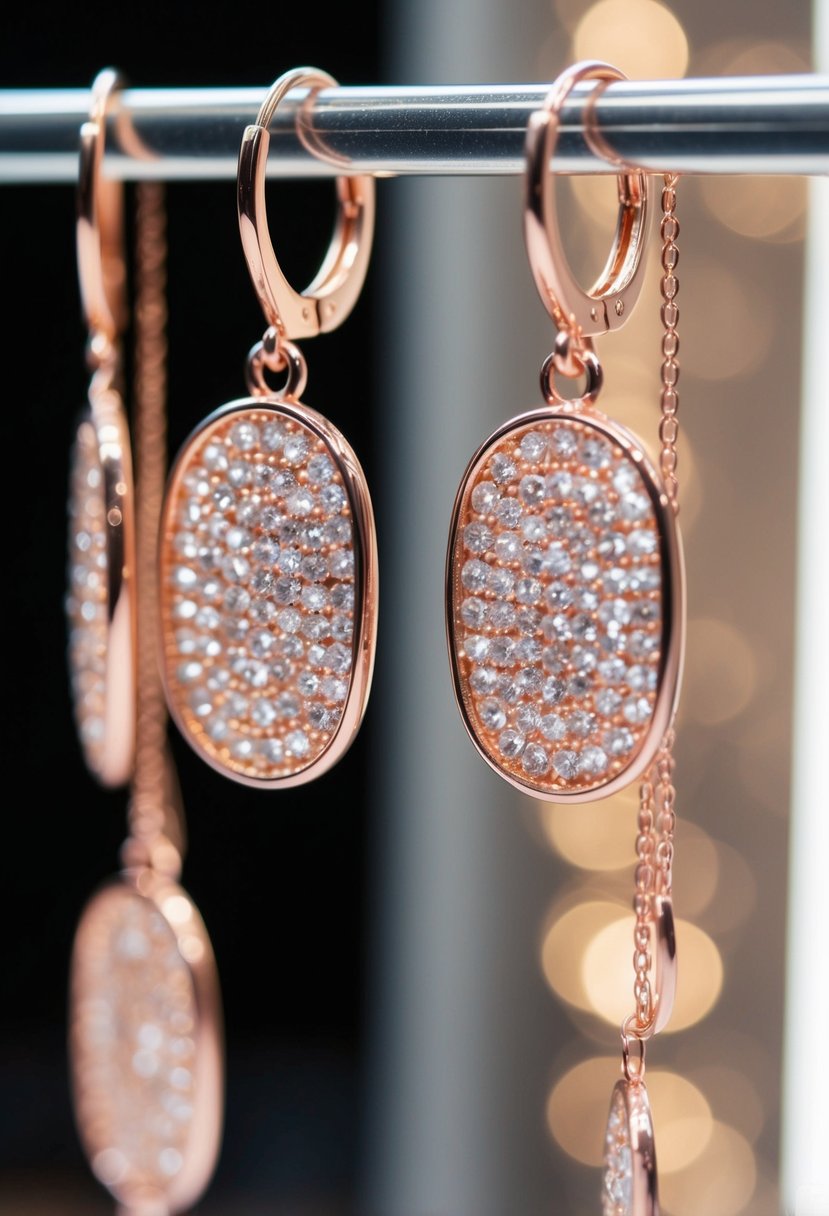 A close-up of rose gold dangle earrings hanging from a jewelry display, catching the light and casting a delicate shimmer