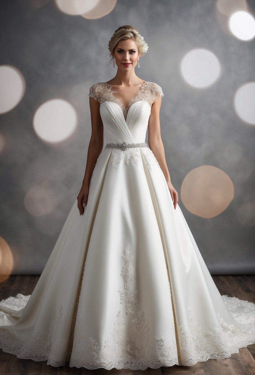 A bride stands in a drop waist wedding dress, with a fitted bodice and a skirt that flares out from the hips. The dress is adorned with delicate lace and intricate beading, creating a romantic and elegant look