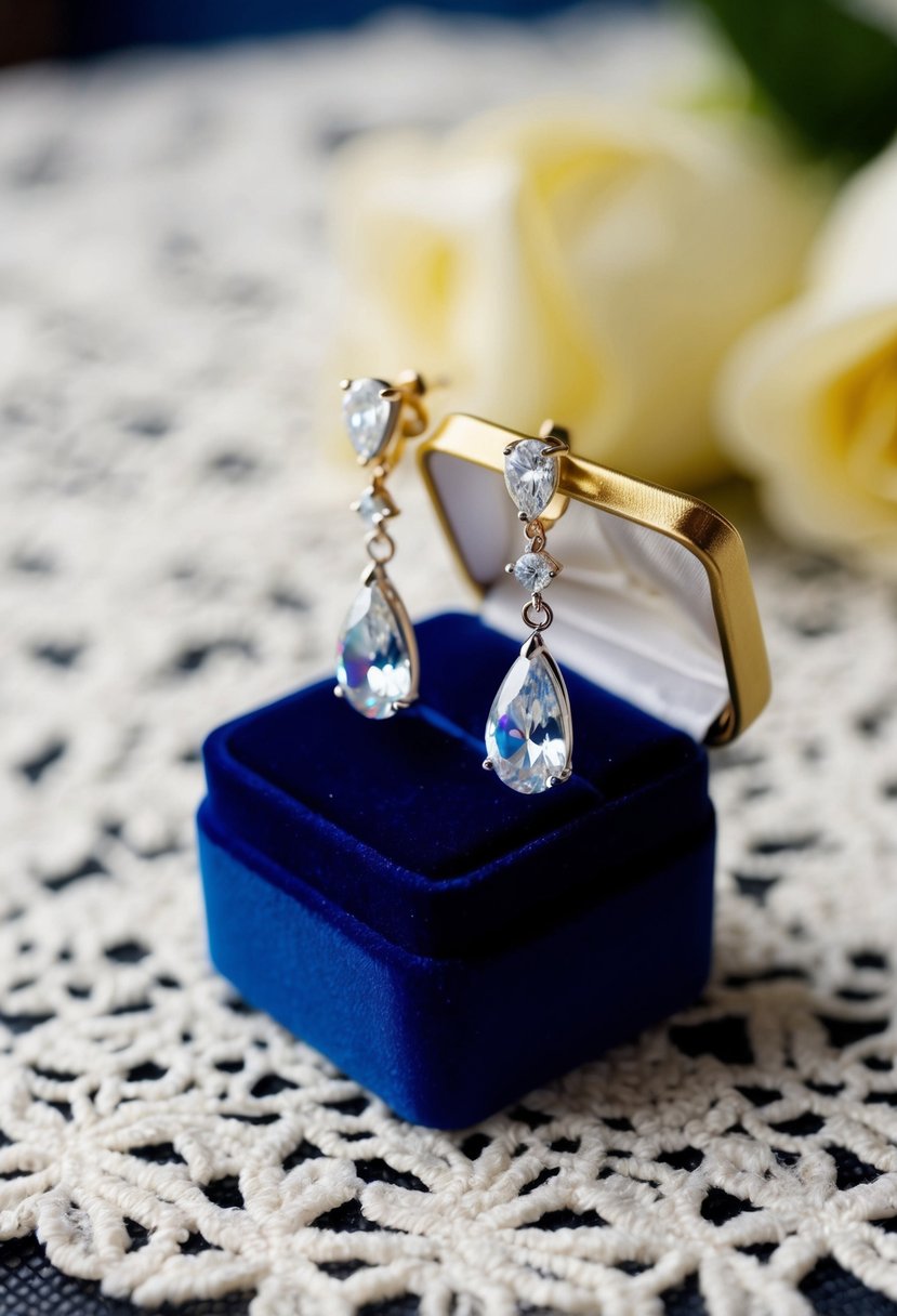 Sparkling cubic zirconia tear drop earrings dangling from a velvet jewelry box on a lace-covered table