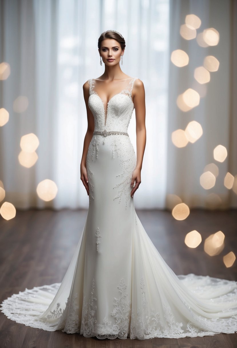 A bride stands in a drop waist wedding dress, with an elongated torso illusion creating a sleek and elegant silhouette. The dress features delicate lace and intricate beading, with a flowing train trailing behind