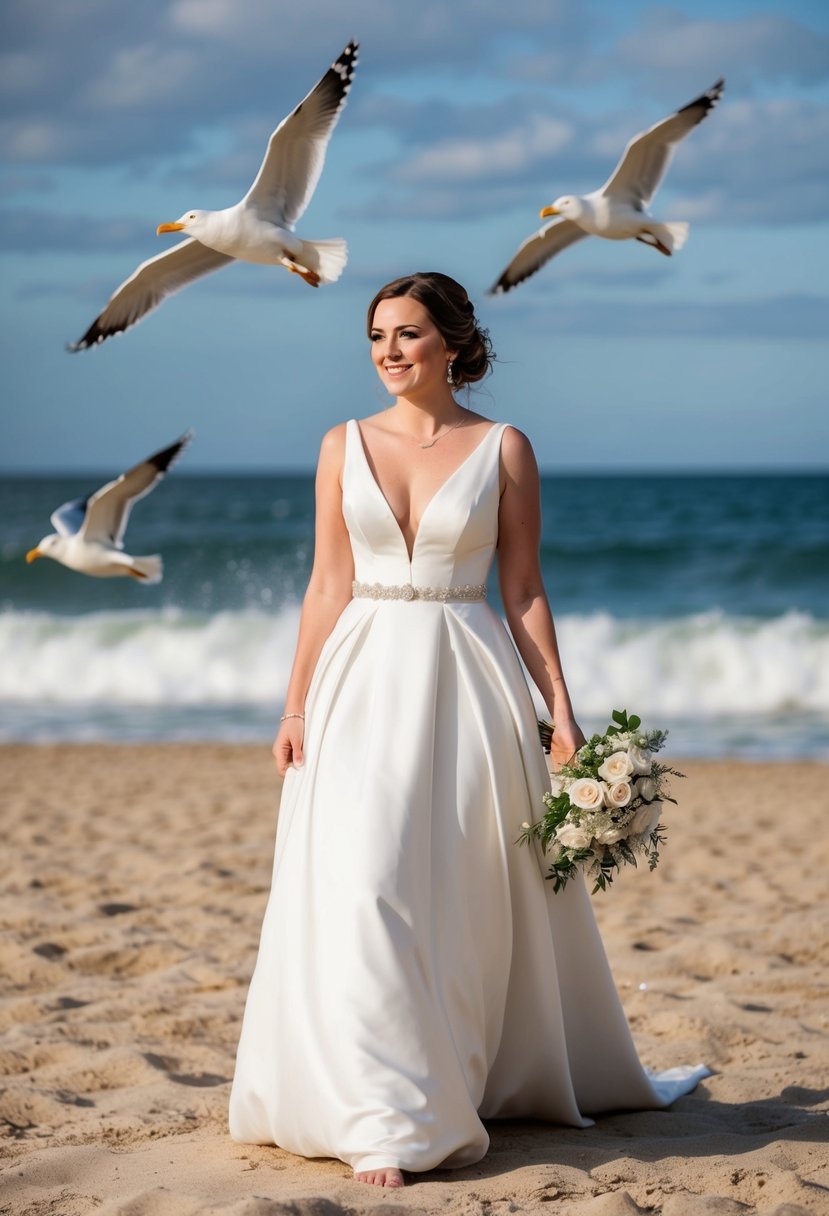 A bride in a drop waist wedding dress walks on a sandy beach, with waves crashing in the background and seagulls flying overhead