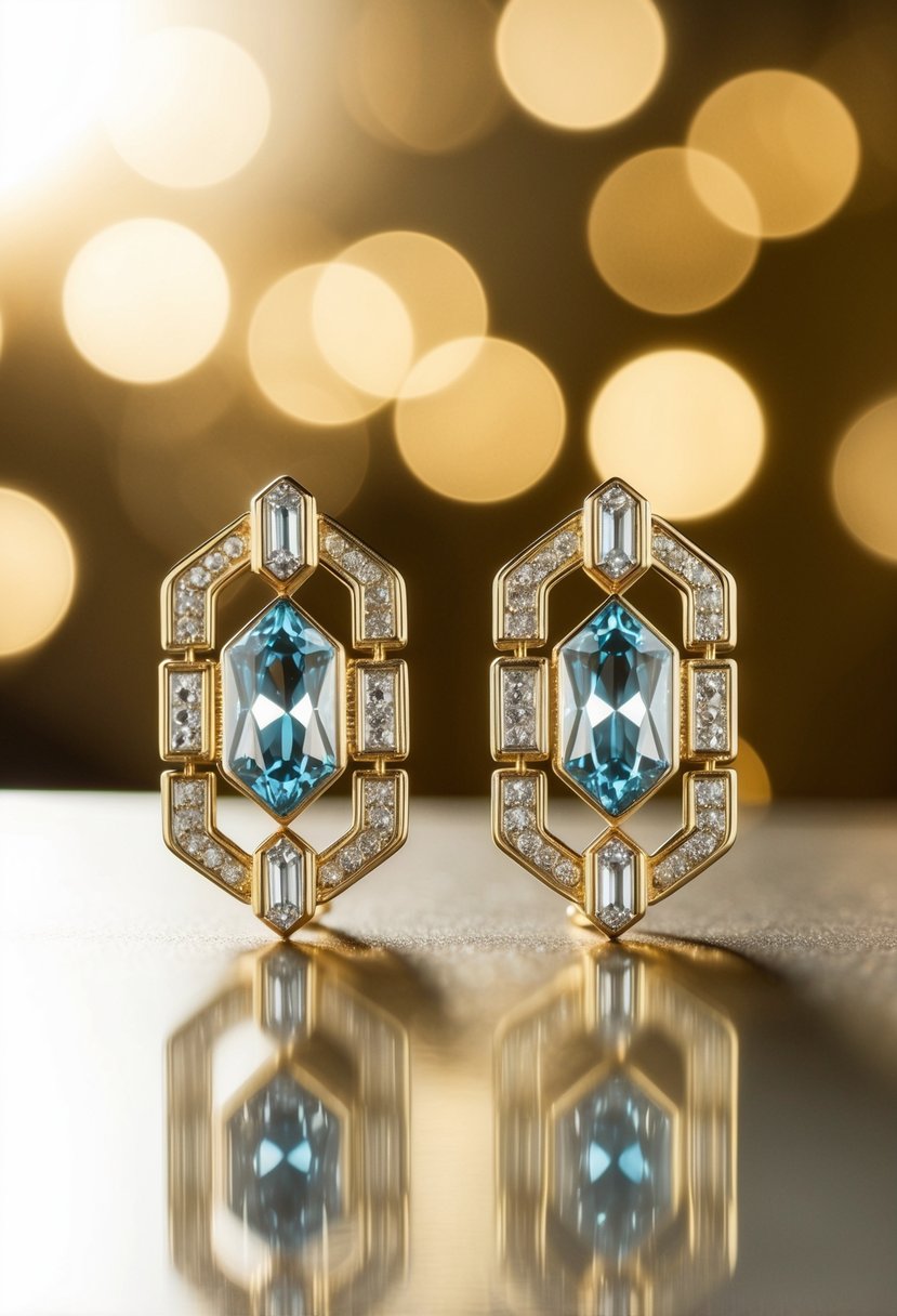 A pair of Art Deco-inspired gemstone earrings, featuring intricate geometric patterns and luxurious metallic accents, gleaming under soft, golden lighting