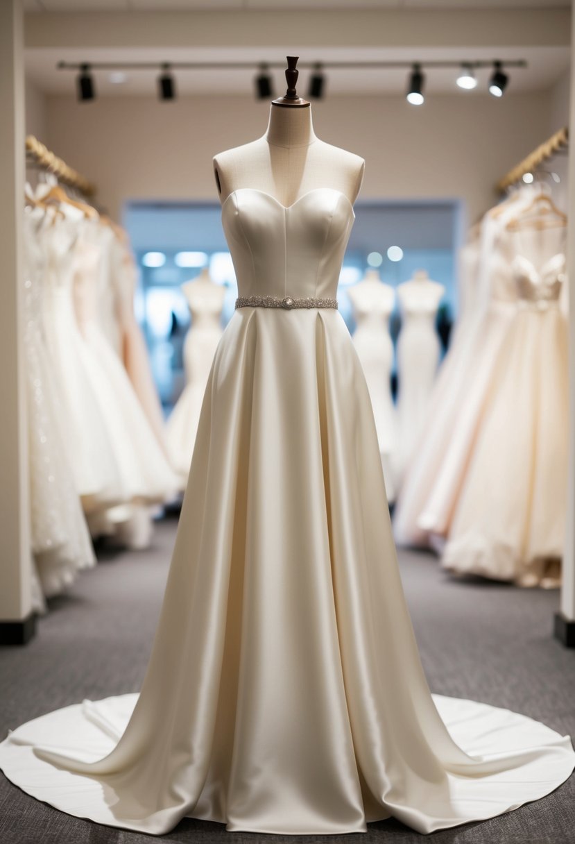 An elegant satin finish drop waist wedding dress displayed on a mannequin in a softly lit bridal boutique