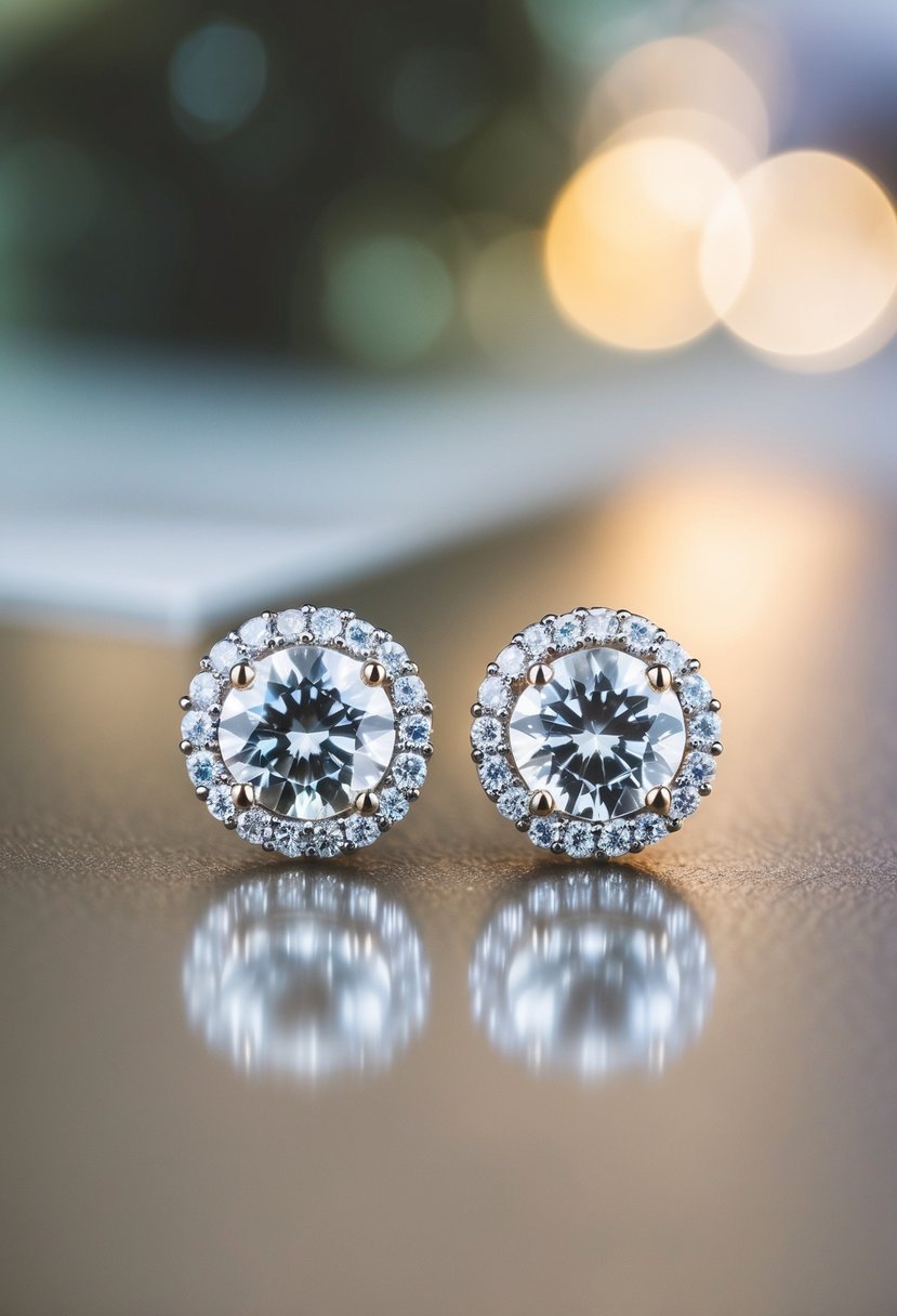 A pair of elegant studs with sparkling gemstones, catching the light at a luxurious wedding reception