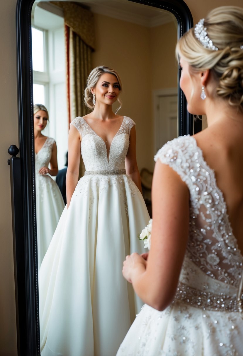 A bride stands in a drop waist wedding dress, adorned with delicate lace and shimmering embellishments, gazing at herself in the mirror with a second look of admiration