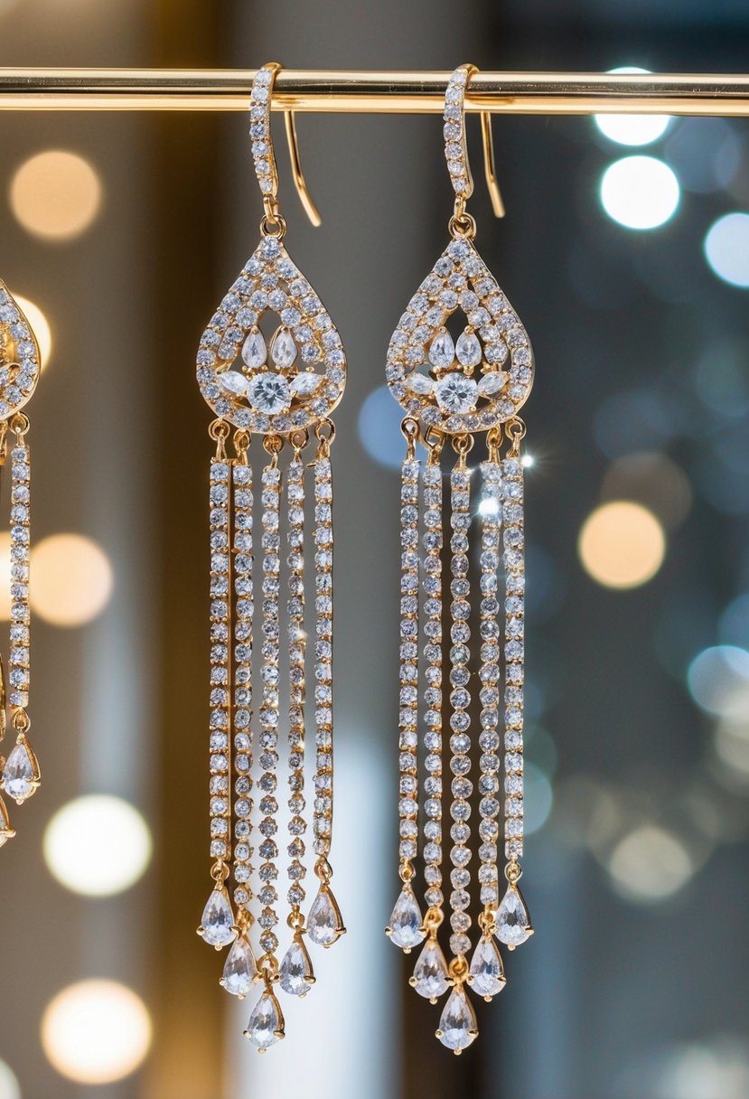 Sparkling gemstone-encrusted cascading earrings hang from a display, catching the light in a luxurious setting