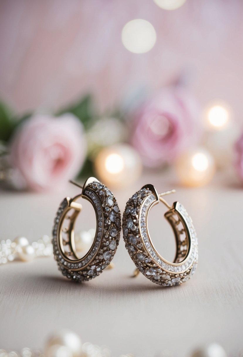 A pair of large, ornate earrings with intricate details and sparkling gemstones, set against a soft, romantic background