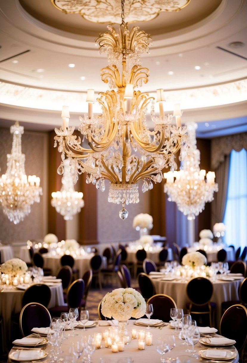 A lavish ballroom with ornate floral motif chandeliers, showcasing elegant wedding earrings as centerpiece ideas