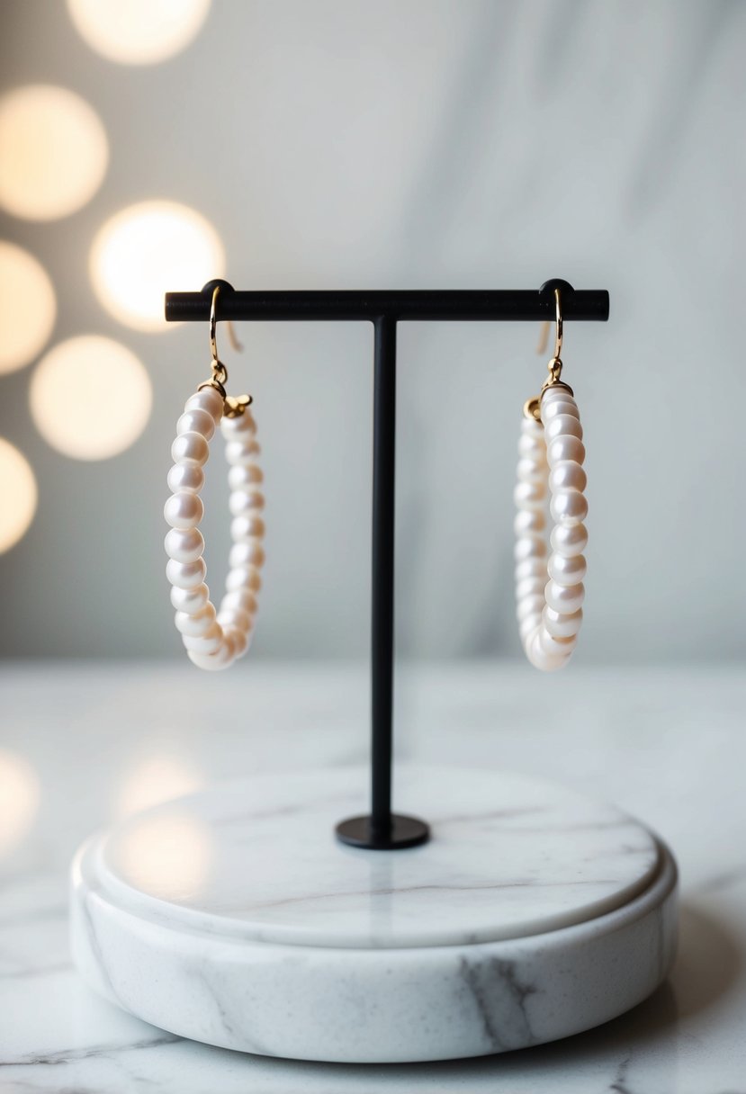 A pair of simple, elegant pearl hoop earrings displayed on a white marble pedestal with soft, diffused lighting